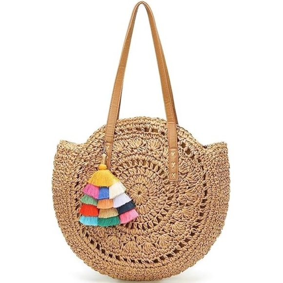 Woven Tan Tote Bag with Colorful Tassels round beach bag - Picture 1 of 3